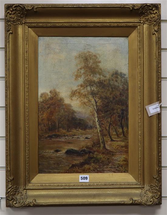 S J Johnson (19th/20th century), Autumnal scene with river and woods, monogrammed, label verso, 45 x 29.5cm